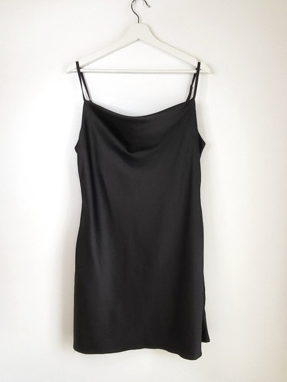 90s Style Black Satin Dress Cowl Neck Mini L
